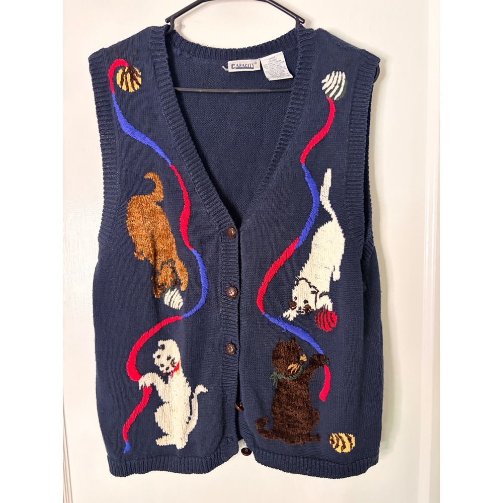 Capacity Vintage Navy Blue Cat Yarn Embroidered Knit Sweater Vest Womens Large